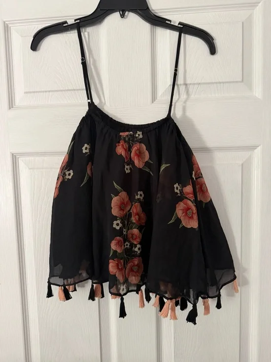 Anthropologie Black Floral Tassel Cami Tank - Picture 4 of 4